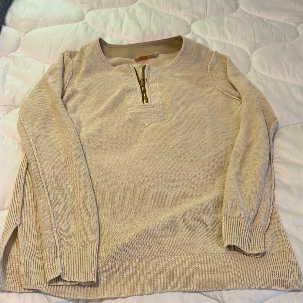 Tory Burch Tan Zip Up Sweater with Relaxed Fit
